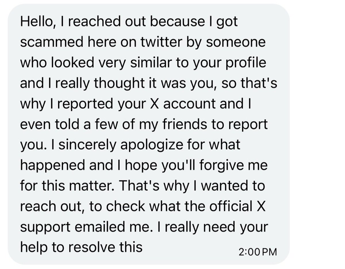 HereforJiminn's tweet photo. 🚨heyyy haven’t been on here in a min but wanted to let yall know about a scam spreading on x/twt. 

if you receive a message like the one below, don’t engage, the person is unfortunately hacked. it’s a whole scam and they will ask for money and take your account. be aware!! 🚨🚨 https://t.co/9zKOIqXJuh