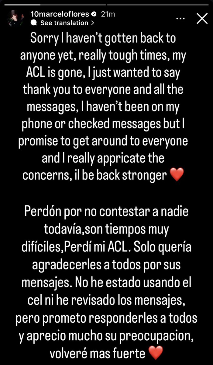 BenSteiner00's tweet photo. Marcelo Flores confirms on his Instagram that he is out of the World Cup after tearing his ACL in the Champions Cup final last night.

Just brutal and heartbreaking for him and Canada’s most unique player.

A new call-up to come.

https://t.co/naN4yh8t1L

#CanMNT https://t.co/dws0B6zmaA