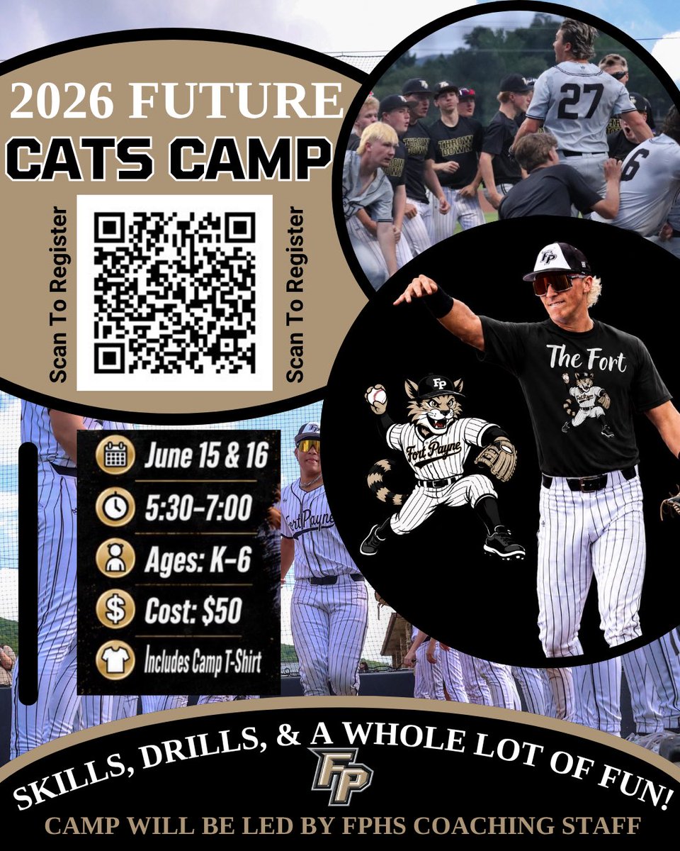 FPCatsBaseball's tweet photo. 🚨‼️2026 YOUTH CAMP ‼️🚨

Excited about our 2026 Youth Camp!
June 15-16
5:30-7:00
Ages: K-6
Cost: $50
Includes Camp T-Shirt (need to be registered by June 12 to guarantee a shirt)

New skills, new drills, &amp; having a whole lot of fun with your Future Wildcat Teammates &amp; Coaches! https://t.co/N5NNwqD333