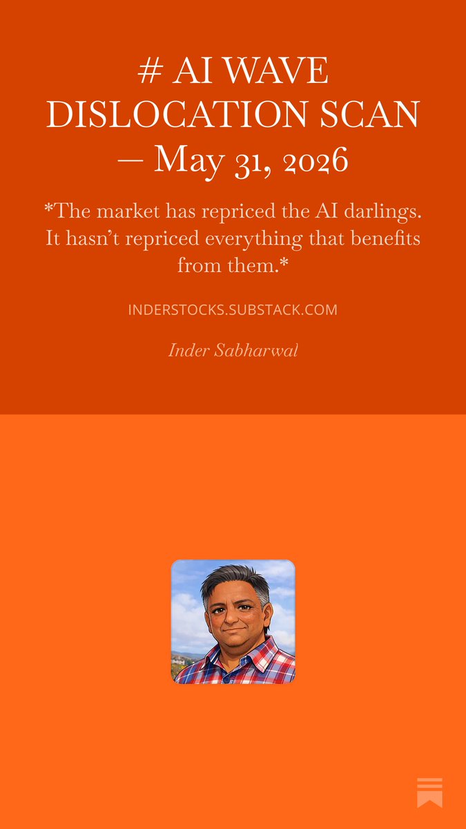 gadbadd's tweet photo. # AI WAVE DISLOCATION SCAN — May 31, 2026 
The AI infrastructure wave just repriced its first cluster  $NOW went from $81 to $124 in six weeks while trading at 16x forward earnings on 20%+ growth, because the market was still applying 2022 rate-shock multiples to a company that had nothing to do with 2022 rates.

This scan finds the next ones: 93 AI-adjacent tickers scored on growth quality, valuation compression, and distance from their highs - the ones the re-rating wave hasn't touched yet.