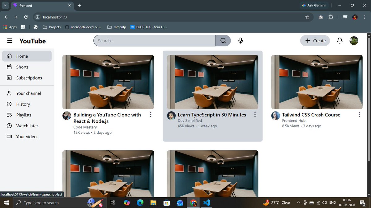 rasprogrammer's tweet photo. YouTube Clone Update!

Just redesigned the Feed Page Layout — cleaner grid, better spacing &amp; modern look.

Built with React + Tailwind CSS 

#YouTubeClone #ReactJS #TailwindCSS https://t.co/x5paMrLzUq
