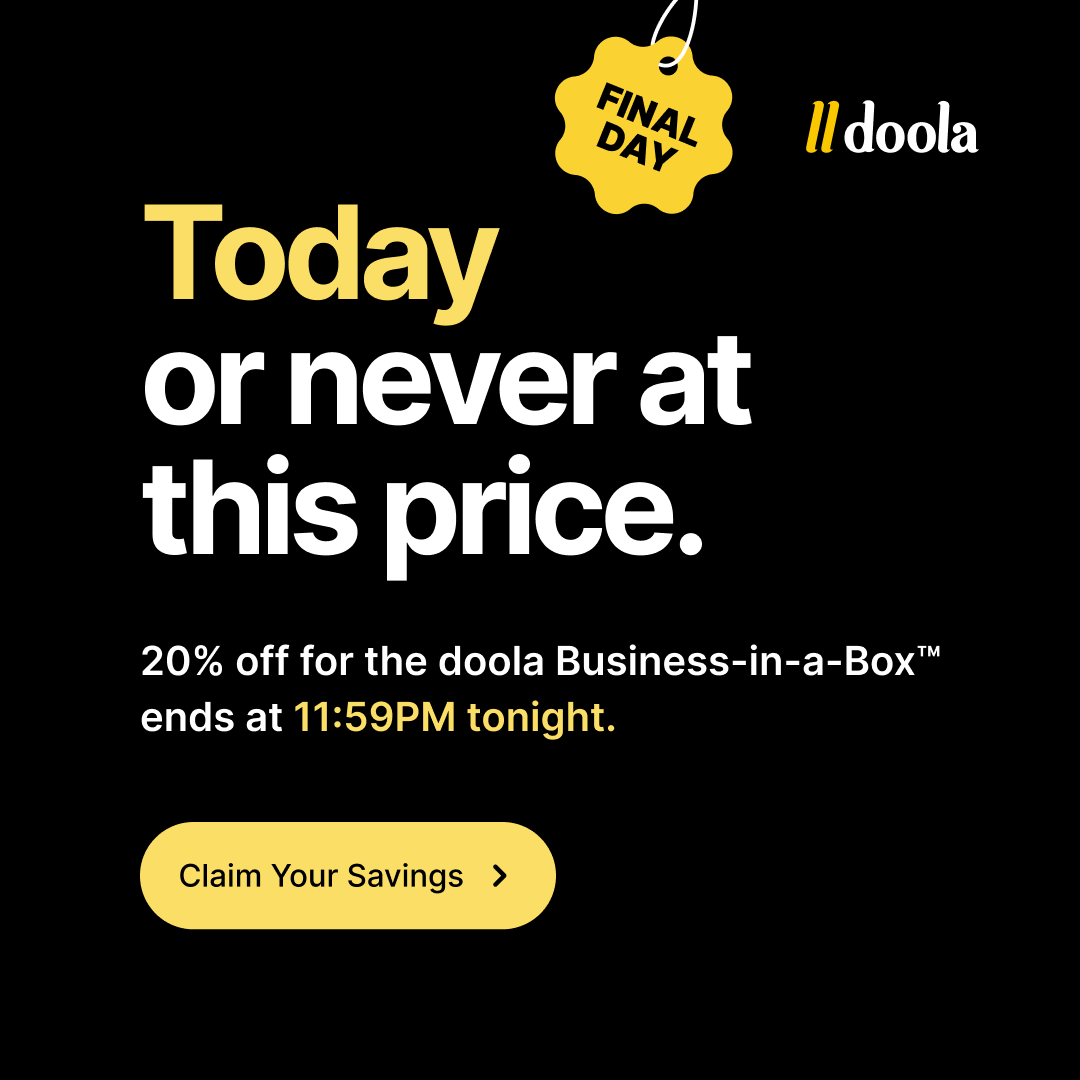 doolaHQ's tweet photo. The clock is ticking! ⏳

Today is your FINAL chance to get 20% off the doola Business-in-a-Box™. Don’t miss the best price of the year to launch your U.S. company.

Offer ends at 11:59 PM tonight. 🕛

Claim your savings:  https://t.co/GV9AI2qIp7 https://t.co/w0UN97diUN