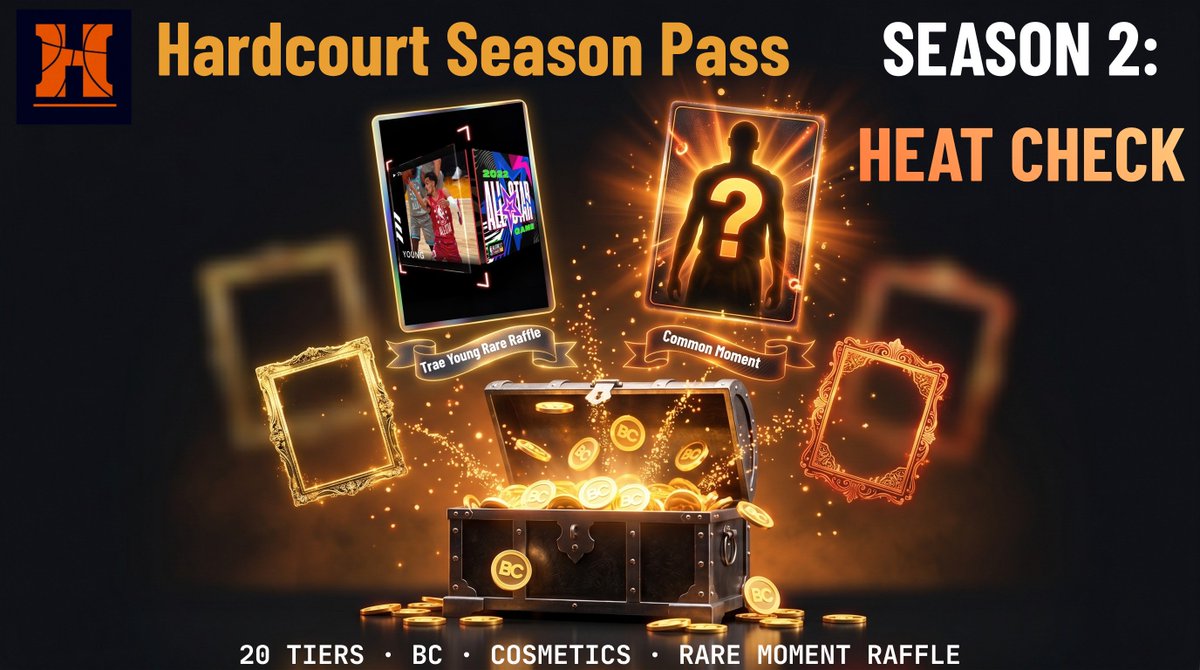 HardcourtIO's tweet photo. Season 2 is LIVE tomorrow: Heat Check 🔥

20 tiers of new cosmetics, BC, and a Trae Young '22 All-Star Rare waiting at the top.

We're giving away 3 free premium passes: 

• Follow @HardcourtIO 
• RT this 
• Comment the reward you're most hyped for + what you want next

Winners announced tomorrow before tip off → https://t.co/WXAL3q5q2V