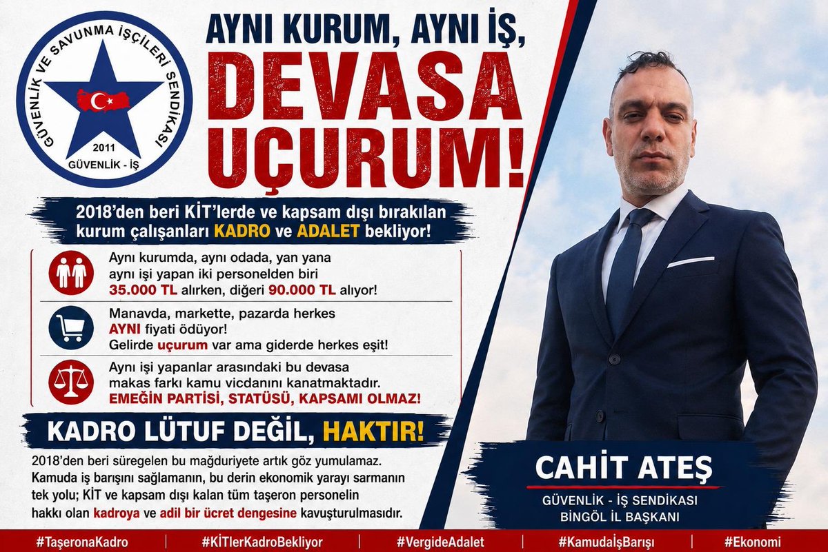 HasimSav's tweet photo. Aynı Kurum, Aynı İş, Devasa Uçurum: 2018’den Beri Bitmeyen KİT ve Taşeron Çilesi!
​Yıl 2018’di... Yüz binlerce taşeron işçiye kadro verilirken, KİT’ler (Kamu İktisadi Teşebbüsleri) ve bazı kurumlar kapsam dışı bırakıldı. O günden bu yana, aradan geçen koca 8 yılda (2018-2026) atılmış somut, net tek bir adım yok. Ortada sadece her seçim dönemi tazelenen umutlar ve giderek derinleşen bir gelir uçurumu var.
​Bugün kamuda adaleti zedeleyen en büyük yara, aynı çatı altında, aynı emeği veren insanlar arasındaki maaş makasıdır.
​Düşünün; aynı kurumda, aynı odada, yan yana aynı işi yapan iki personelden biri 35.000 TL alırken, diğeri 90.000 TL alıyor! Bu sadece bir rakam farkı değil; emeğe biçilen değerin, insan onurunun yaralanmasıdır.
​İşin daha acı verici kısmı ise pazar yerinde, manavda başlıyor.
35.000 TL alan taşeron personel de, 90.000 TL alan iş arkadaşı da manava gittiğinde tezgahtaki domatese, bibere, meyveye AYNI fiyatı ödüyor. Aynı ekmeğe, aynı dolaylı vergi kesiliyor. Gelirde uçurum var ama giderde herkes eşit! Bu sürdürülebilir bir düzlem, adil bir çalışma hayatı değildir.
​Aynı işi yapanlar arasındaki bu devasa makas farkı kamu vicdanını kanatmaktadır. Emeğin partisi, statüsü, kapsam dışı kalanı olmaz.
​Sesimizin ulaştığı tüm karar vericilere, siyasilere sesleniyoruz: 2018’den beri süregelen bu mağduriyete artık göz yumulamaz. Kamuda iş barışını sağlamanın, bu derin ekonomik yarayı sarmanın tek yolu; KİT ve kapsam dışı kalan tüm taşeron personelin hakkı olan kadroya ve adil bir ücret dengesine kavuşturulmasıdır.
​#TaşeronaKadro #KİTlerKadroBekliyor #VergideAdalet #KamudaİşBarışı #Ekonomi

@CahitAtas12