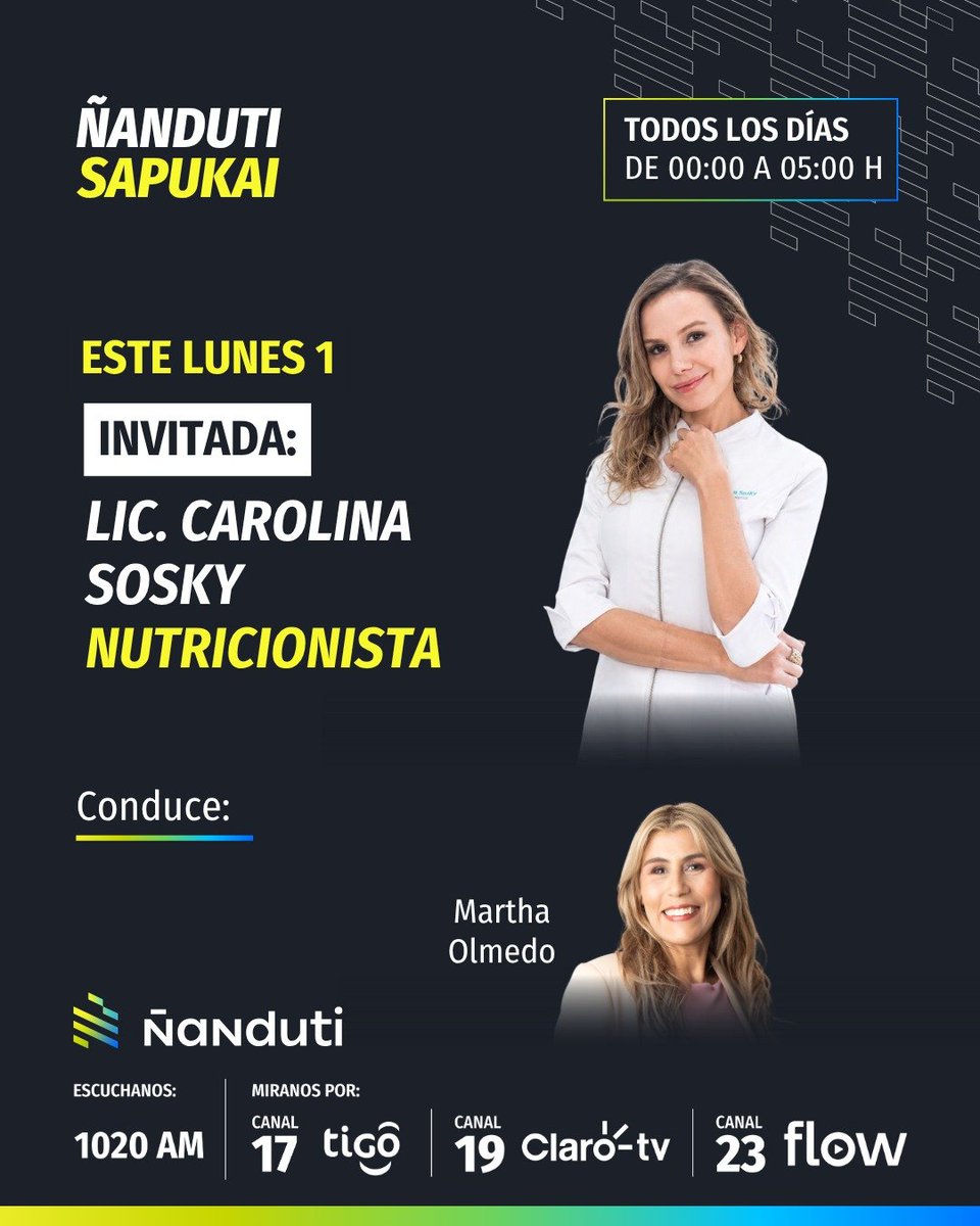 nanduti's tweet photo. Recibimos a la Lic. Carolina Sosky en #ÑandutiSapukai 🗣️

🎙️ Con la conducción de #MarthaOlmedo

📻1020 AM
📺Canal  17 Tigo Star, Canal 19 Claro TV y Canal 23 Flow
WhatsApp: https://t.co/CN5ABs6w1Q (0994) 44 1020
#Ñanduti https://t.co/AkgHI5zBv9