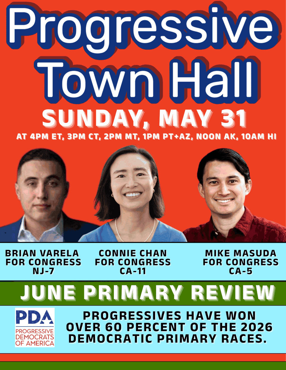 pdamerica's tweet photo. WE ARE LIVE

Join us for a special Progressive Town Hall featuring three amazing candidates for Congress, all with elections on Tuesday. New Jersey's Brian Varela, and California's Connie Chan and Mike Masuda.

Register here for the Zoom invitation:
https://t.co/XnbMMgD9Gl https://t.co/Nj9jcLfrFg