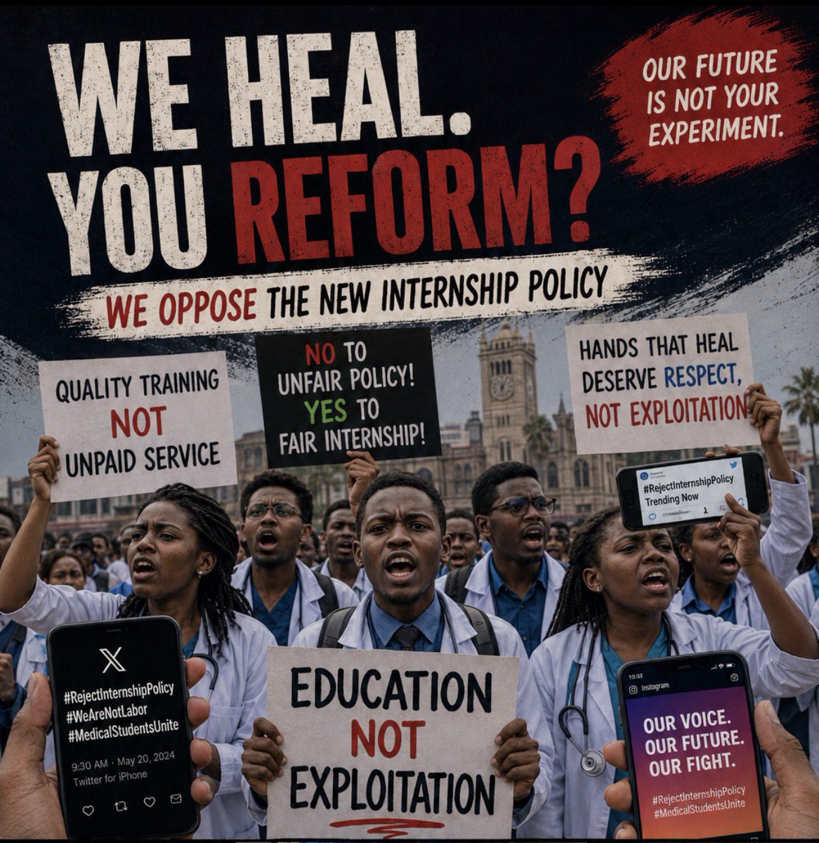 KagaheJamadah's tweet photo. MESSAGE TO ALL UGANDANS!

Dear Ugandans ,
I come to you today with a heavy heart but clear eyes. Something big is happening in our health sector that will touch every home in Uganda ;whether you stay in Kampala, upcountry village, or anywhere. 
Our health professionals and students are refusing a new internship policy, and we need you, the general public, to understand why and then stand with them. 

 This is not just their fight. It is ours as Ugandans for better hospitals and safer treatment when we or our loved ones fall sick.  

What is this new policy really about? 

The Ministry of Health wants to change how doctors, nurses, pharmacists, and other health workers train.

 From July 2026, students will not graduate with their degree after five years of university. They must first do one full year of supervised internship in hospital before getting the paper. It becomes a six-year course.  

Key problems that worry the professionals;

- Medical  Interns will not be paid their monthly allowance. 
- Hospitals already have few supervisors and too many patients. Adding more stressed interns without enough support can lead to mistakes.  
- No proper consultation with doctors’ associations, nurses, or universities before pushing this policy.  
- It delays young people from starting real jobs and families, Private students may even pay extra for placement.

These are the critical areas that should catch your attention. This policy touches the quality of care you receive tomorrow. 

Why you?

 The public, should care and give active participation in rejecting this policy. 
Imagine this; You or your mother, father, child, or sibling falls seriously sick at night. Who treats you first in almosr all government hospitals?  it's the intern doctor or nurse. 
They are the ones on duty 24/7, putting drips, stitching wounds, delivering babies, and managing emergencies.  If these young professionals are overworked, unpaid, angry, tired, and demotivated because of bad policy;
  
- They may miss small things that become big problems.  
- Some may leave Uganda for Kenya or other countries where they are respected and paid.  
- Fewer young people will want to join medicine and nursing courses.

Result? 

Our hospitals become weaker. Waiting times become longer. Treatment becomes poorer. You and your family suffer directly.  

If we don’t support the health professionals now and push government to fix this policy (pay them well, improve supervision, expand training places, consult properly), then one day you will go to hospital and find an angry, exhausted intern who has lost hope. THAT IS WHEN SMALL SICKNESS BECOMES DEATH. 

That pain will be on all of us.  
Fellow Ugandans, join the fight today so that tomorrow our hospitals serve us better. Your voice on radio, WhatsApp groups, market, church, and mosque matters. Show concern. Demand better for those who take care of us when we are weak.  

To our X influencers, YouTubers, musicians, and all public figures 

Please help push this message. You have big followings. 

Remember;  
- Your mother can get malaria or pressure tomorrow.  
- Your father can have accident.  
- Your sister can deliver a baby.  
- You yourself can fall sick anytime.

When that day comes, do you want to meet a happy, well-supported intern who gives full attention?  Or an angry one who feels exploited? 

 Use your platforms to speak truth. Tag the right people. Share facts. Let government hear that the whole country is watching. 

Your one post can save lives in future.  This is not POLITICS. This is about life and death in our hospitals.  

Let us stand together as Ugandans. Support our health workers. Demand a policy that is fair, well-planned, and good for patients.  

Together we can make our health system strong. 
 #RejectBadInternshipPolicy
#SupportOurDoctorsAndNurses
#BetterHealthForAll  
Thank you for reading till the end. Now share this message so others know.

 God bless Uganda.God bless our Health!