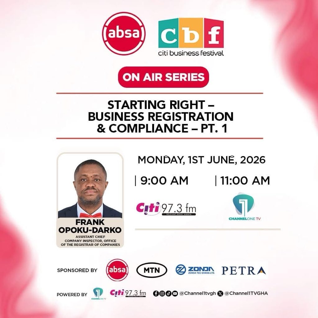OrcGhana's tweet photo. The #CitiBusinessFestival2026 On-Air Series kicks off on Monday, 1st June 2026, with a discussion on the Foundations of Business and Enterprise in Ghana.

Join Frank Opoku-Darko, Assistant Chief Company Inspector at ORC GHANA, for an insightful conversation on:

📌 Starting Right – Business Registration & Compliance (Part 1)

Learn about the essentials of business registration, regulatory compliance, and the key steps every entrepreneur and business owner should know to build a sustainable and successful business.

📻 Listen live on Citi 97.3 FM at 9:00 AM
📺 Watch live on @Channel One TV at 11:00 AM

Don’t miss this opportunity to gain practical knowledge on starting and running a compliant business in Ghana.

#ORCGhana #BusinessRegistration #BusinessCompliance