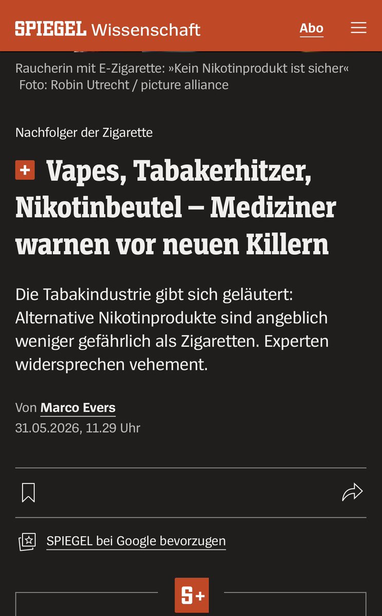 EngelmannPeter's tweet photo. Hallo Herr Marco Evers @MarcoEversHH vom @derspiegel 

Was soll diese Headline?!!!!!!

„Vapes, Tabakerhitzer, Nikotinbeutel – Mediziner warnen vor neuen Killern“

Ich habe kein Verständnis dafür und Sie haben in einer Wissenschaftsredaktion nichts zu suchen. Nicht einmal die Bild Zeitung würde so eine niveaulose Headline schreiben!!!!  

Herr Dirk Kurbjuweit @derspiegel sind derartige Headlines jetzt das Niveau vom SPIEGEL
