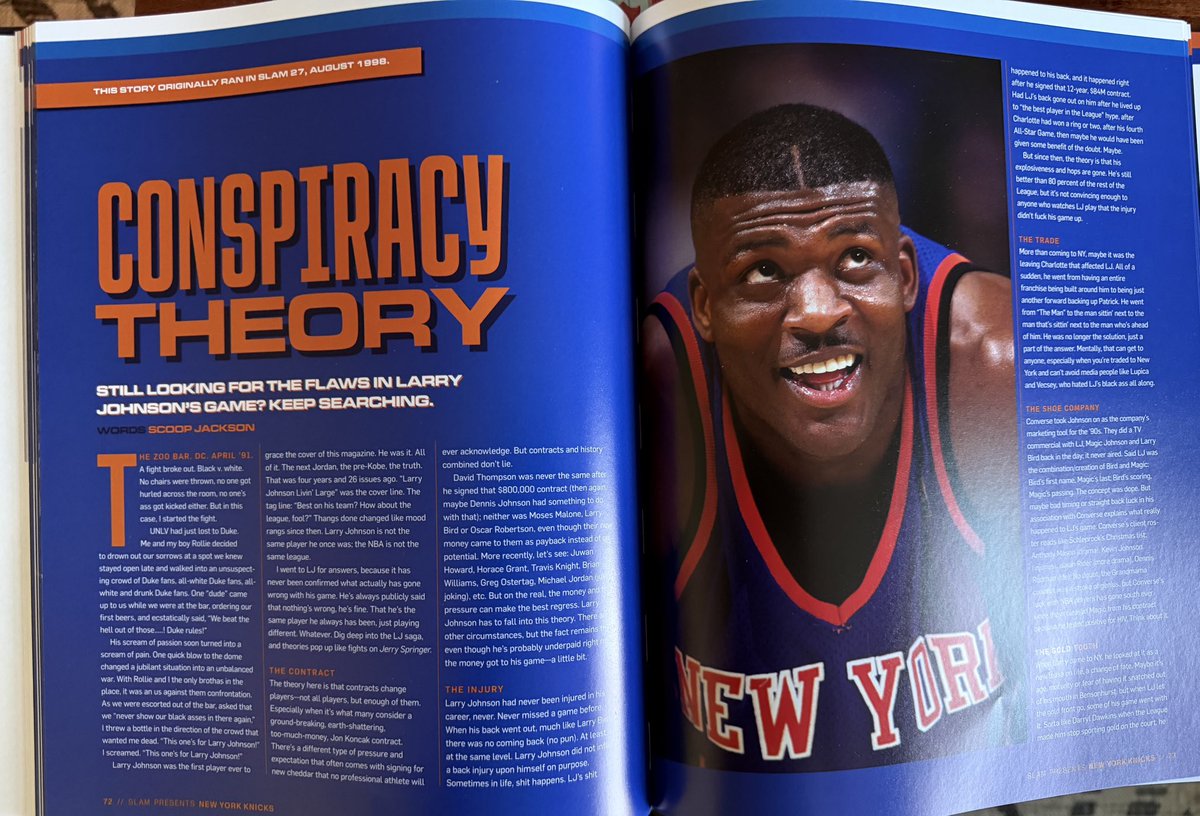 knoxrob1's tweet photo. The 1999 Knicks had 2 of the most iconic moments in NBA playoff history.

1. Allan Houston’s GW basket in G5 against the Heat.

2. Larry Johnson’s 4-point play.

Can’t recommend the SLAM hardcover New York Knicks book enough.

Stories on all the key Knicks from their history. https://t.co/WYD0GNKJ08