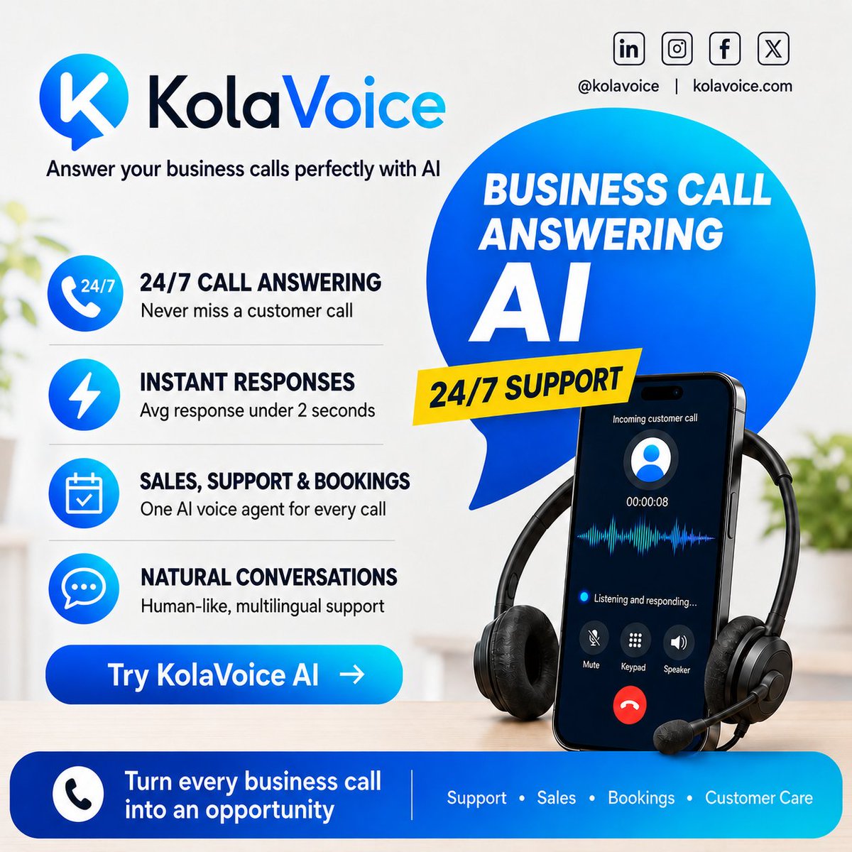 kolavoice's tweet photo. Never miss a customer call again.

@kolavoice AI answers your business calls instantly, 24/7 helping customers with inquiries, bookings, even when your team is offline.

Built for Ugandan businesses that want faster response, better customer service. Try demo on our website. https://t.co/tgbdjdVPtA