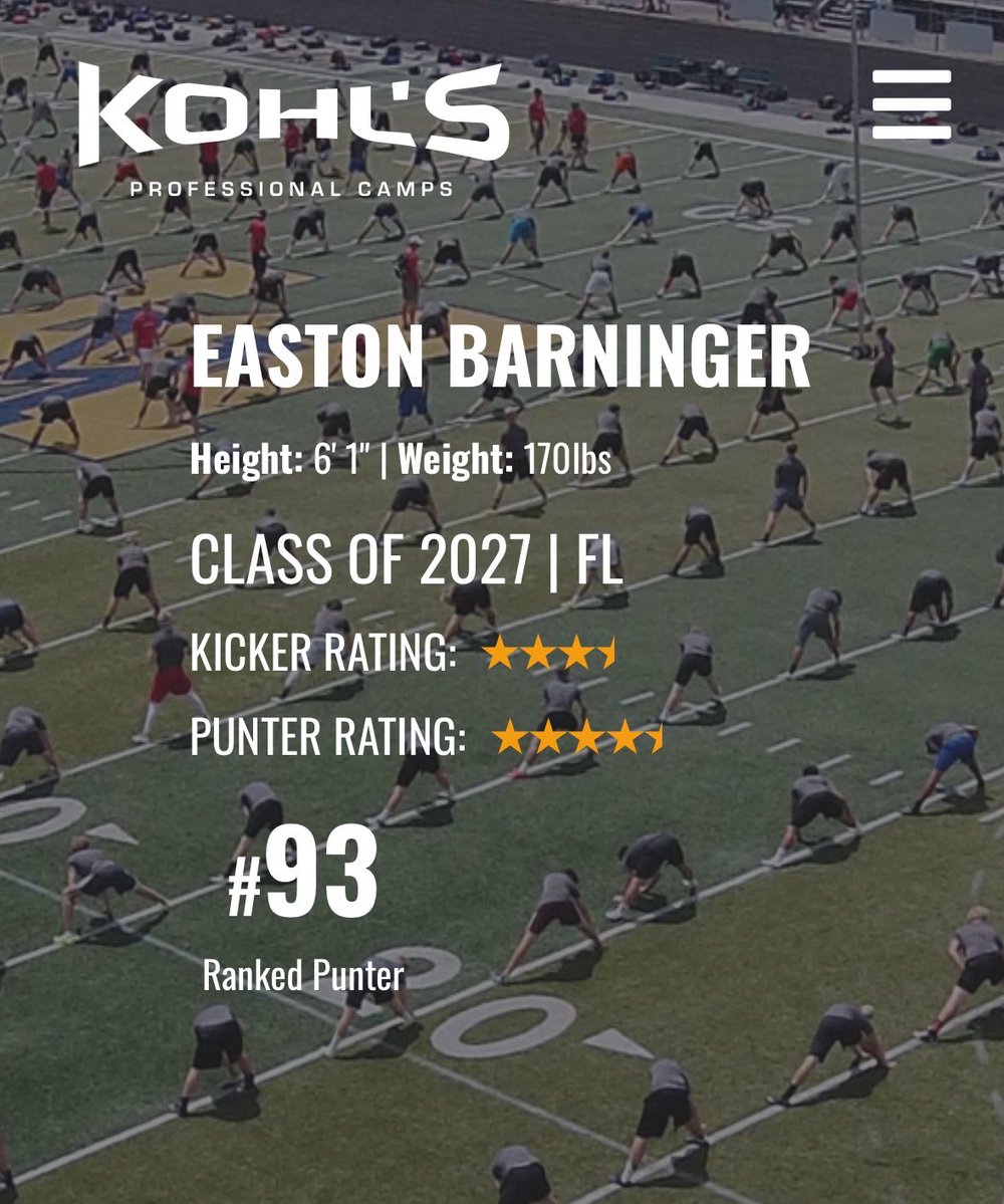 EBarninger319's tweet photo. Excited to be a 4 1/2 star and the 93 rd ranked punter on @KohlsKicking https://t.co/7mvomIXadf