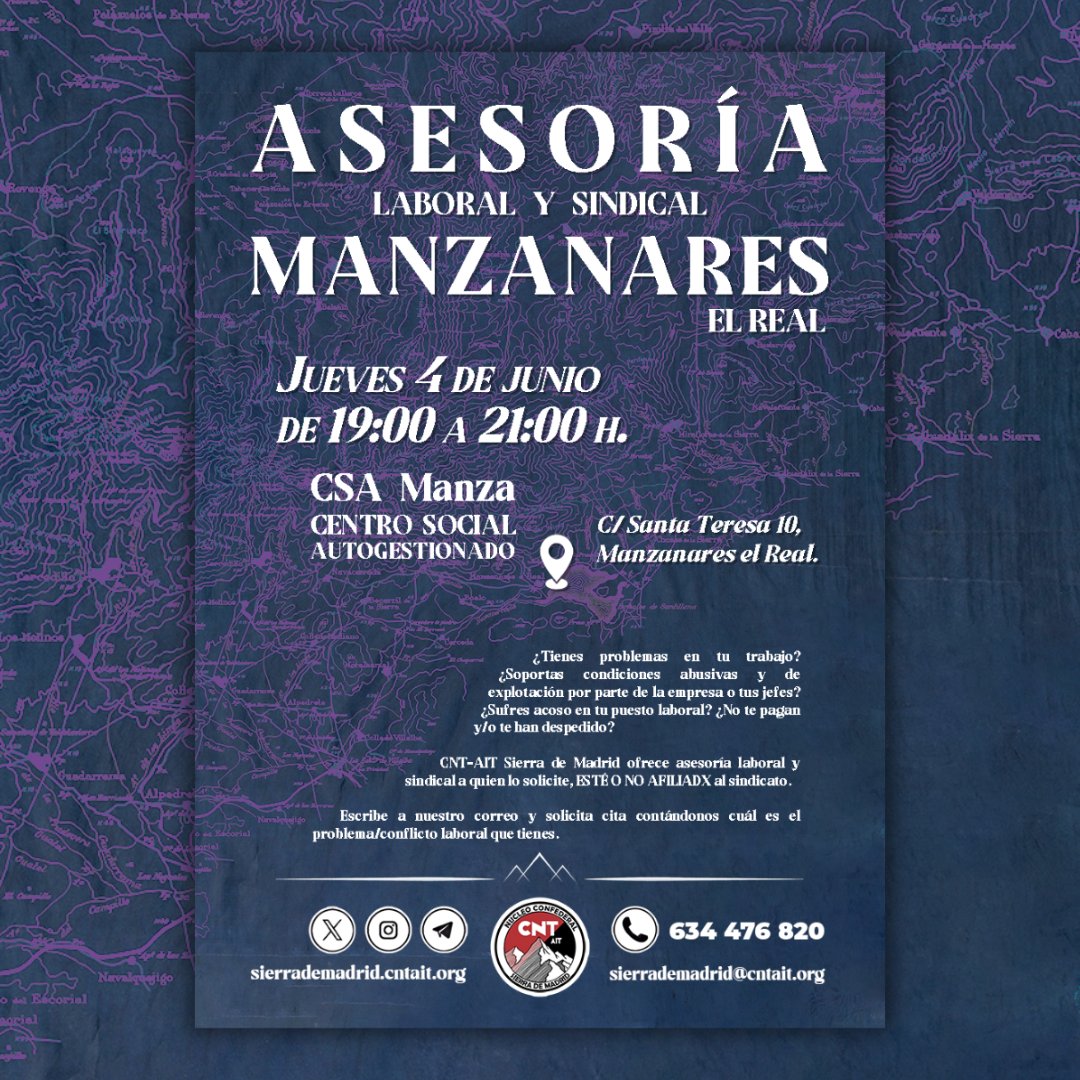 cntaitsierra's tweet photo. 🔴⚫️ ASESORÍA en #ManzanaresElReal 🔴⚫️

Continuamos con las asesorías laborales y sindicales trimestrales en la población serrana de Manzanares el Real

📍 CSA Manza. Centro Social Autogestionado. Calle de Santa Teresa 10, Manzanares el Real

🗓 Jueves 4 de junio de 19 h a 21 h https://t.co/XbexQH6VLS