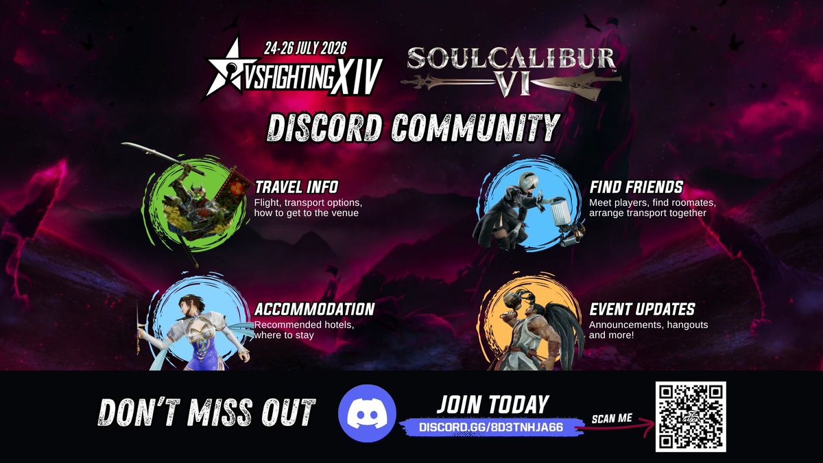 SoulCaliburUK's tweet photo. Overwhelmed with #VSF planning? Let the SoulCalibur community help you! 

Join our special Discord community created to help you organise and have the best time during the UK's biggest FGC event!
╰┈➤ˎˊ˗ https://t.co/4YaN28hutv https://t.co/njzUwK46nY