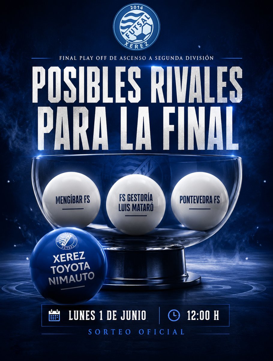 XerezDFC_Futsal's tweet photo. 🔵POSIBLE RIVAL EN LA FINAL🔵

Este lunes 1 de junio, a las 12:00 h, conoceremos el nombre del rival del XEREZ TOYOTA NIMAUTO en la final del Play Off de Ascenso a Segunda División.

Al enfrentarnos a un primer clasificado, la eliminatoria arrancará en el Ruiz Mateos. https://t.co/MhnvAUGldu