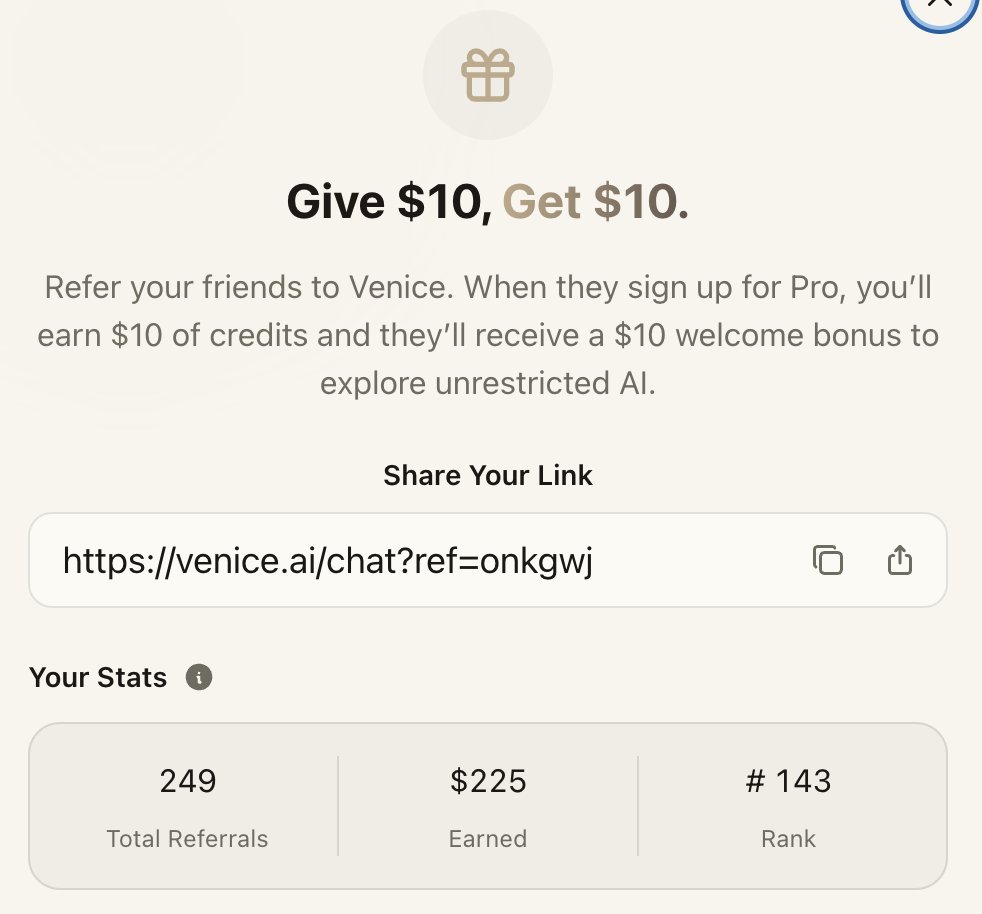 gekko_eth's tweet photo. Underrated thing about @AskVenice: spreading it actually feels good. 249 sign-ups through my link, ~22 of them now running unrestricted AI as Pro Venetians. It was never about the $225 in credits, it's watching the Republic grow by word of mouth.
The funny part? I built @venicestats and I'm only rank #143 at referrals 😅 Climbing that is now a matter of principle 🫡 https://t.co/dGZYi4VeCv