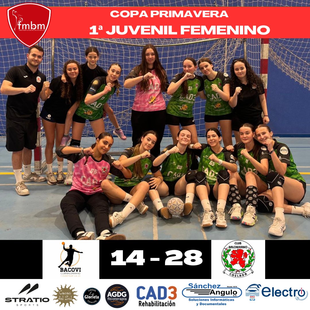 BmCoslada's tweet photo. COPA PRIMAVERA 🤾‍♂️🤾

🤾‍♂️ Jornada 31 de mayo (1ª Juvenil Femenino)

➡️ Semifinales
Bacovi 14 🆚 BM Coslada 28

¡A por la final! ❤️💚

#vamoscoslada ❤️💚

#patrocinadores
https://t.co/qevO3xkyBi

@electroicoslada
@fisioterapia_agdg
@sanchezangulo.sa
@cacaodelsol.es
@stratiosports https://t.co/2fZKJXuFej