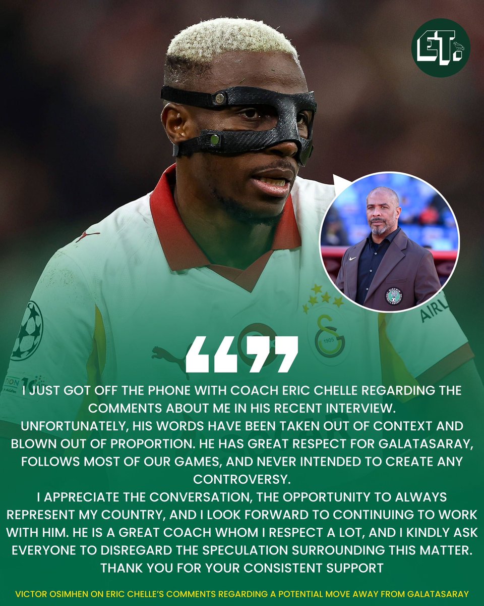 ETMediaNG's tweet photo. Victor Osimhen has responded to comments made by Eric Chelle regarding a potential move being the reason he’s missing Nigeria’s friendlies vs Poland &amp; Portugal. https://t.co/xpYcQewBeu