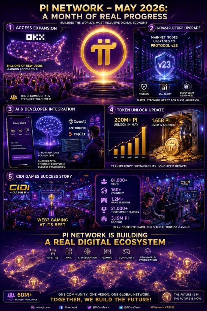 Pi_OM_2025's tweet photo. PI NETWORK — MAY 2026 RECAP 🚀

✅ OKX expanded Pi access in the U.S.
✅ Mainnet nodes upgraded to Protocol v23
✅ Pi App Studio introduced AI-powered app creation
✅ 200M+ PI scheduled to unlock in May
✅ CiDi Games reached 81K+ users across 160+ countries

Follow @Pi_OM_2025 

#PiNetwork #PiCoin