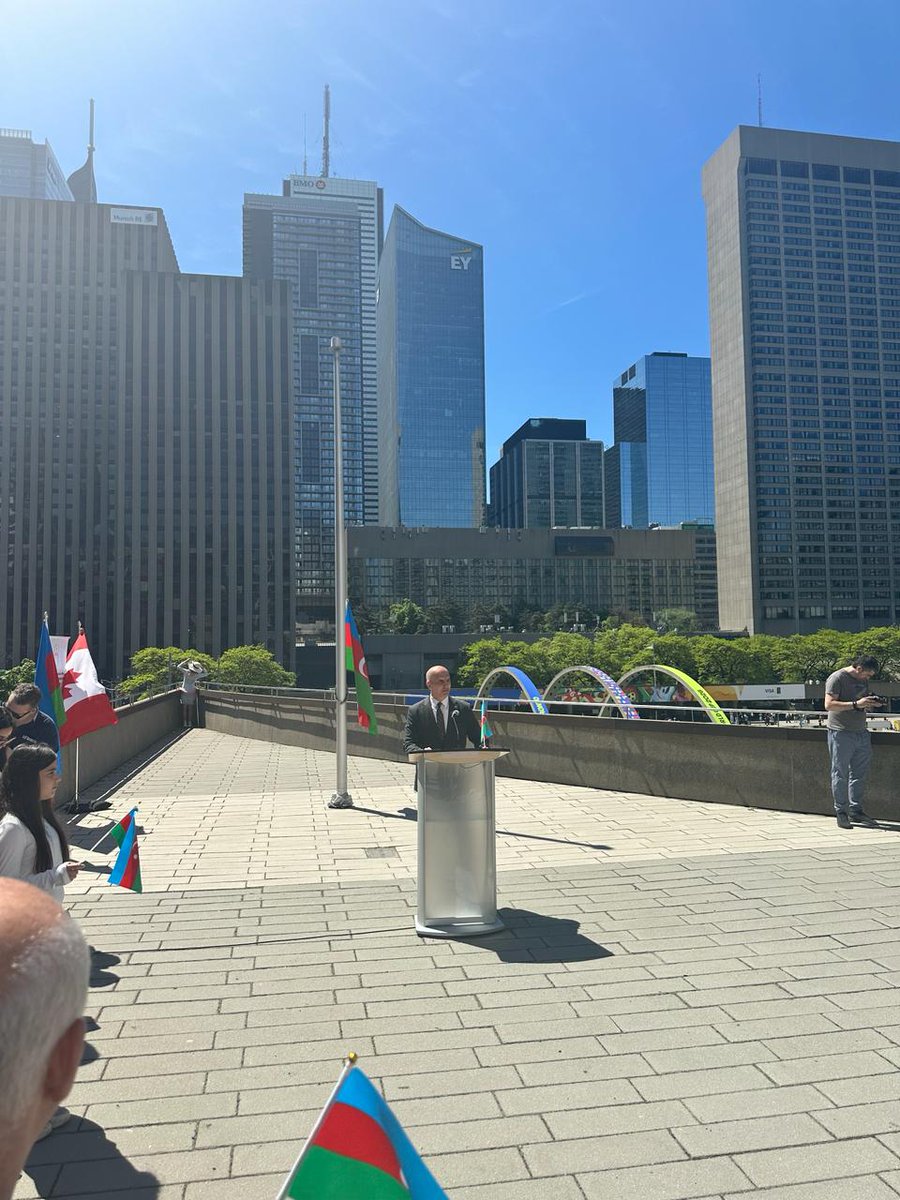 AzEmbCanada's tweet photo. A Flag Raising Ceremony was held in Toronto.
Special thanks to Network of Azerbaijani Canadians.
We extend our heartfelt gratitude to the Honourable Rob Oliphant, Parliamentary Secretary to the MFA, Mr.Can Yoldaş, Consul General of Turkiye in Toronto. https://t.co/BsIAVtkxZW