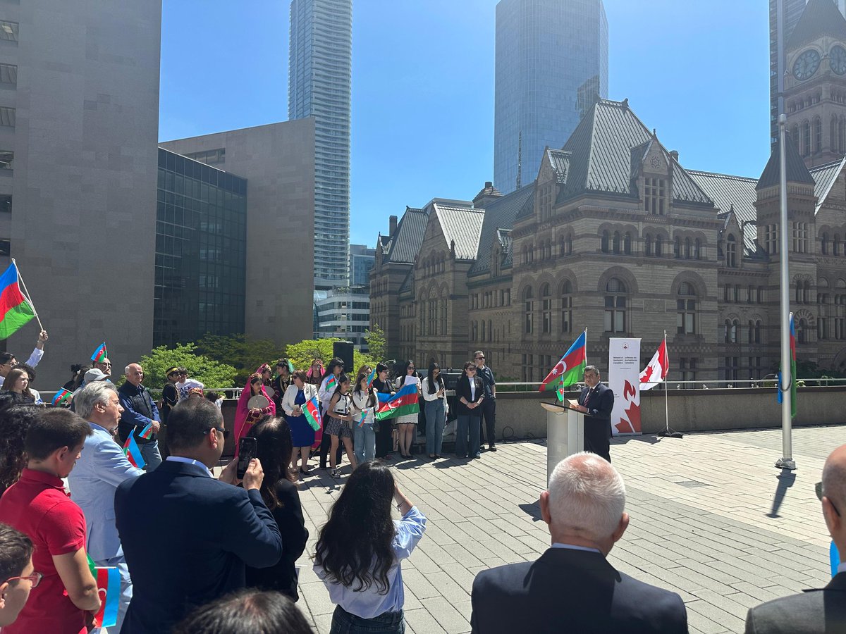 AzEmbCanada's tweet photo. A Flag Raising Ceremony was held in Toronto.
Special thanks to Network of Azerbaijani Canadians.
We extend our heartfelt gratitude to the Honourable Rob Oliphant, Parliamentary Secretary to the MFA, Mr.Can Yoldaş, Consul General of Turkiye in Toronto. https://t.co/BsIAVtkxZW