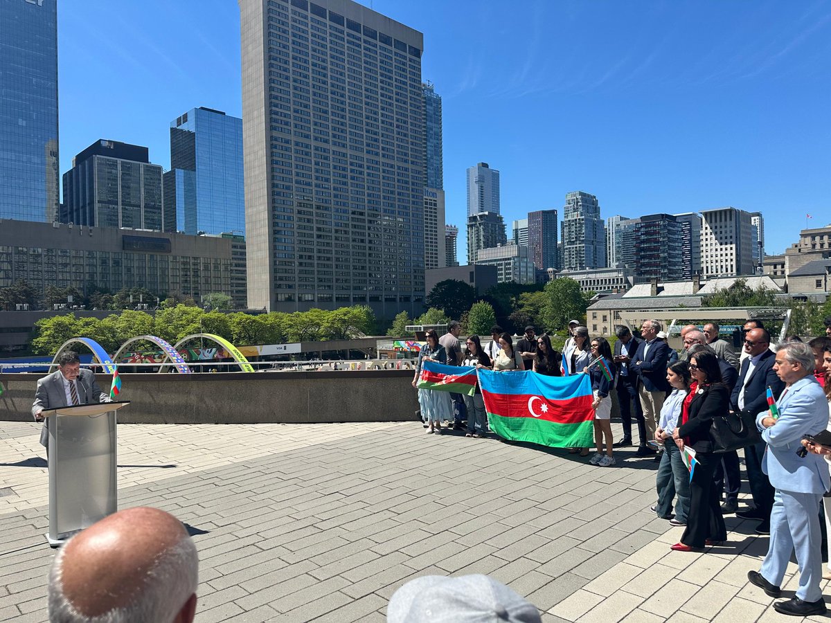 AzEmbCanada's tweet photo. A Flag Raising Ceremony was held in Toronto.
Special thanks to Network of Azerbaijani Canadians.
We extend our heartfelt gratitude to the Honourable Rob Oliphant, Parliamentary Secretary to the MFA, Mr.Can Yoldaş, Consul General of Turkiye in Toronto. https://t.co/BsIAVtkxZW