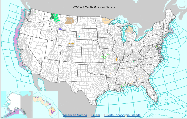 ellenbacca's tweet photo. Exceptionally quiet across the contiguous U.S. again today due to an Omega Block. Ω

1. Winter Weather Advisory over Beartooth Pass
2. Severe thunderstorm in SW Missouri
3. Wind Warning in two elevated parts of Wyoming https://t.co/bwdPfwyUiZ