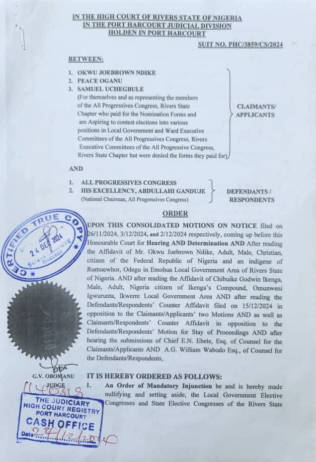 brain_anucha's tweet photo. Those believing the two liars known as O.K Chindah and Chibike Ikenga can read the ORDER of Hon. Justice Obamuno and see who they want to entrust to be the governor of Rivers State. They BLINDLY said the court did not nullify the congress that brought Tony Okocha. SEE THE ORDER IN PARAGRAPH 1.