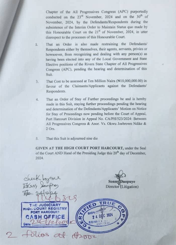 brain_anucha's tweet photo. Those believing the two liars known as O.K Chindah and Chibike Ikenga can read the ORDER of Hon. Justice Obamuno and see who they want to entrust to be the governor of Rivers State. They BLINDLY said the court did not nullify the congress that brought Tony Okocha. SEE THE ORDER IN PARAGRAPH 1.