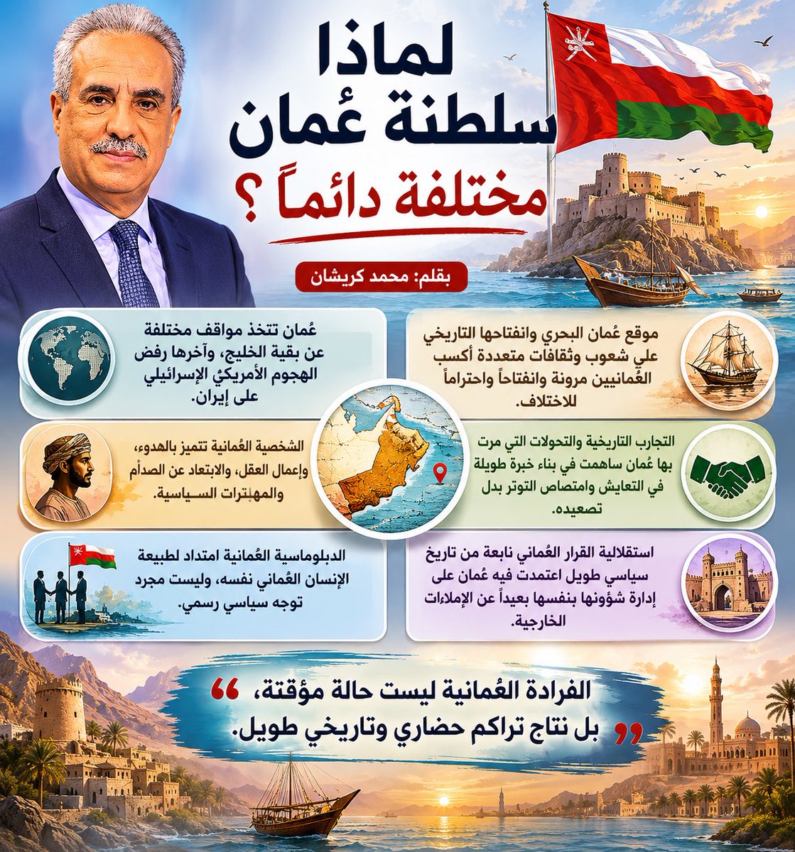 Oman_Tweeter's tweet photo. عُمان 🇴🇲 تسهم في بناء بيئة إقليمية أكثر استقراراً من خلال سياسة خارجية حكيمة 🕊️🌍 #عُمان_أرض_السلام https://t.co/WvTWJxMeC5