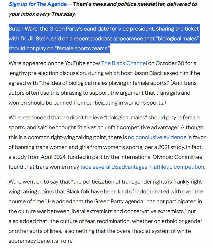 TF_Wright's tweet photo. @euphonius @cmkshama @ButchWare Read it and weep. He called trans women "biological males" and said they should not participate in female sports. Your protest vote is for a transphobic grifter. https://t.co/1xSuo3xMZJ