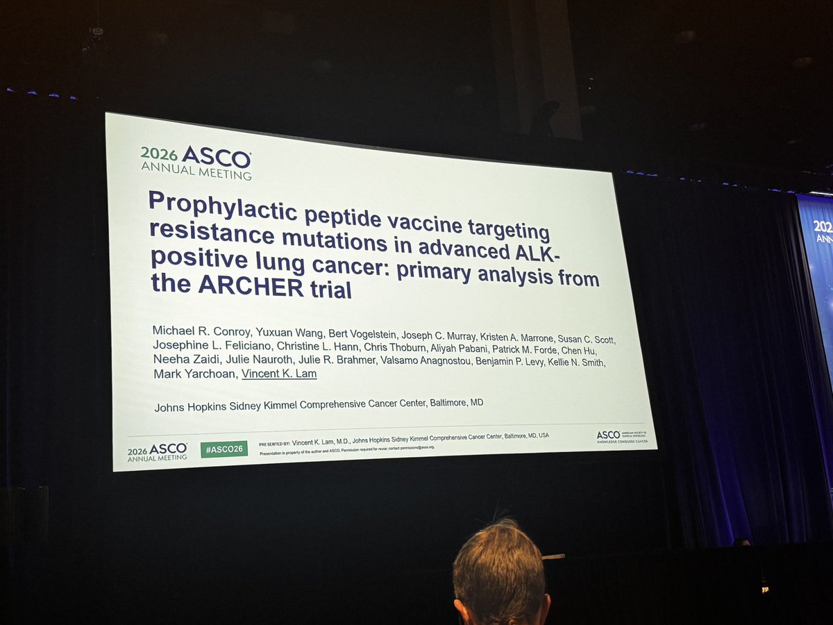 ALKPositiveinc's tweet photo. We were thrilled to be live at #ASCO26 to hear Dr @vincentlamMD presenting the results of the ARCHER trial - a prophylactic peptide vaccine targeting ALK. 

Thanks @oncodaily for sharing. More research = more hope &amp; life https://t.co/VFmxHdfd9x