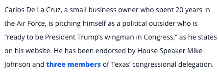 American_Bridge's tweet photo. Carlos De La Cruz’s goals if he becomes the #TX35 representative?
Be “Trump’s wingman.”
https://t.co/QBJhTP32kx https://t.co/NivegM620p