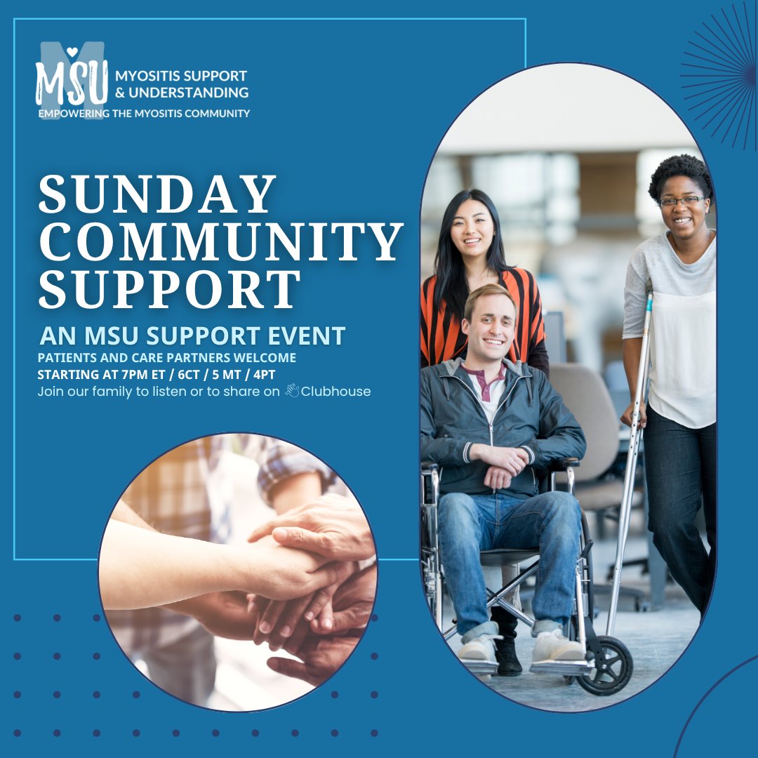 MyositisSupport's tweet photo. From the Heart Support TODAY on Clubhouse! Support &amp; connect w/ your #myositis family! Join us on Clubhouse today and every Sunday at 7 PM ET / 6 CT / 5 MT / 4 PT - Come as you are. Learn more and join Clubhouse at: https://t.co/KcyvSqvusf   #myositissupport #MSU https://t.co/x0ooCuc31O