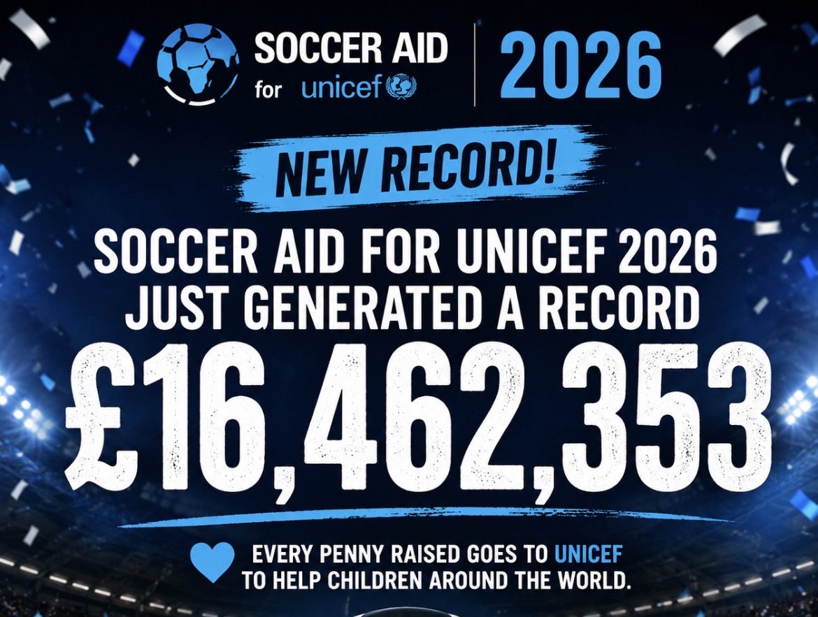 tohreport's tweet photo. Final Update on Soccer Aid for UNICEF 2026

Over £16 million was generated for UNICEF. 

#Football #SoccerAid https://t.co/gPev9w2ace