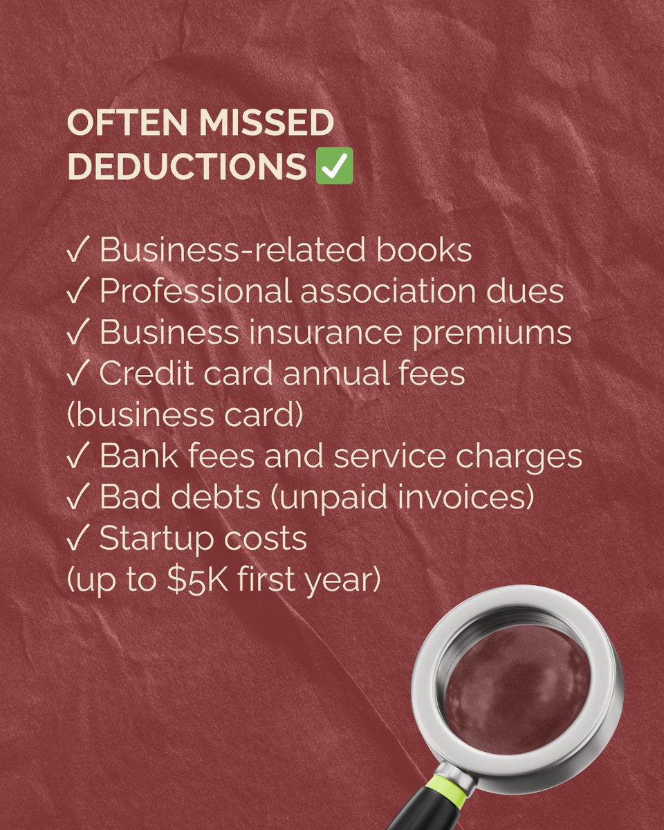 HoopoeBusiness's tweet photo. You're probably missing hundreds (maybe thousands!) in legitimate deductions. 💰

Which deduction surprised you most? Comment! 👇
(We help clients maximize deductions year-round!)

#TaxDeductions #BusinessExpenses #SmallBusinessTaxes #HoopoeBusiness #TaxTips https://t.co/blD83DMB8H