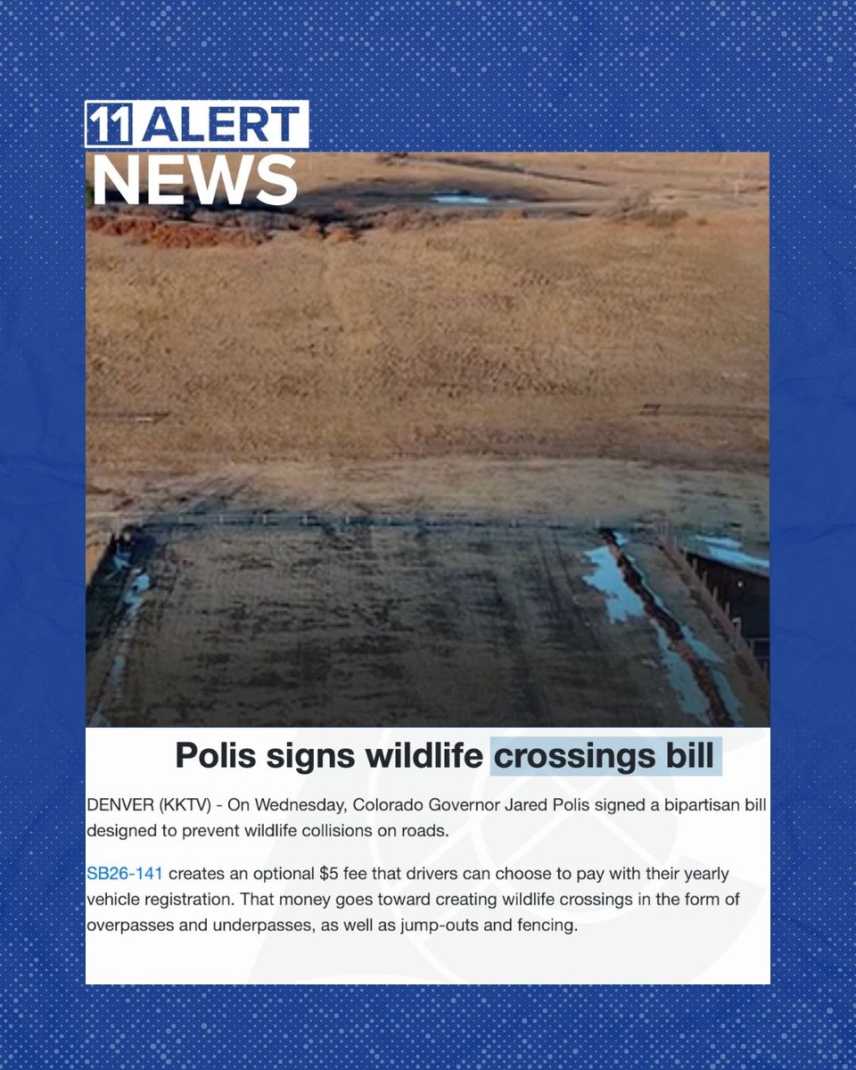 GovofCO's tweet photo. This week, I signed a bipartisan bill to help make Colorado roads safer for both people and wildlife. This new voluntary program will support wildlife crossings, fencing, and other proven infrastructure that reduces collisions, protects habitat, and helps save drivers money on repairs and insurance costs.