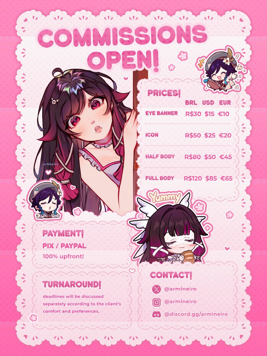 armineiro's tweet photo. announcing that my comms are open, aaaaand with a new commission sheet too (i've started selling in euros as well 🤭🤭)!! i've noticed that a lot of people want to commission me through vgen, but since i've been having issues with the site, please come here instead!! 2 slots btw https://t.co/2yjLXS3WsN