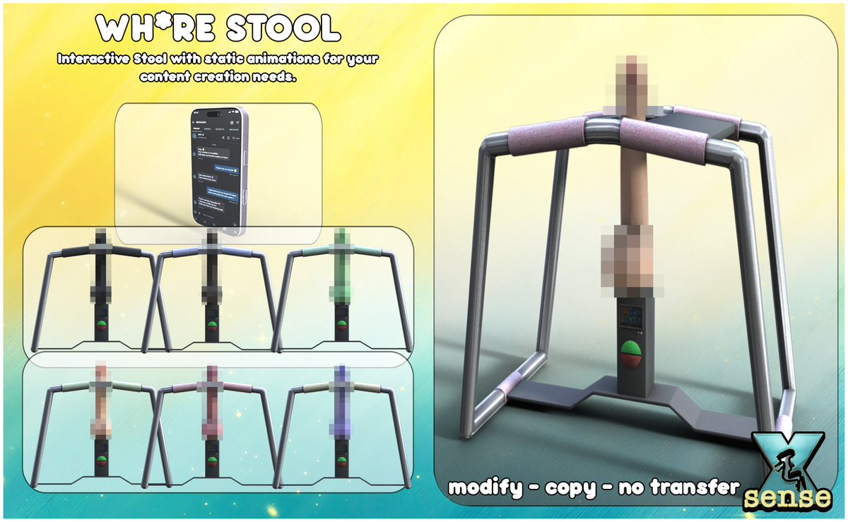 hjortum's tweet photo. [Sensex] Wh*re Stool

1000 LS

3 Built-In Animations
HUD Controller
Phone Accessory
Customizable Handle Bar System

@ Hjortum Mainstore

https://t.co/FT6BWh1k7D

OR

Marketplace

https://t.co/cYl3EUZKRI

#sl #secondlife #sex https://t.co/7Sn9Py7mxJ