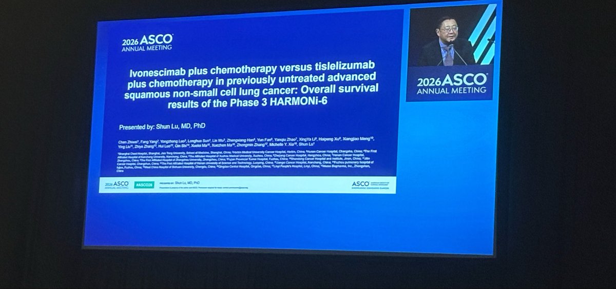 Alfdoc2's tweet photo. One of the most awaited presentations( at least by me) #ASCO26:
HARMONi-6 shows that ivonescimab + chemo significantly improves OS 
Vs tislelizumab + chemo in first-line advanced Sq #NSCLC (HR 0.66).
A positive phase III study with a clinically meaningful OS benefit and simultaneous publication in @TheLancet:
https://t.co/2JR3fy4cL1
Caveat: this was a study conducted entirely in China. How these data will translate globally remains an important question? Let’s see what HARMONI 3 will show