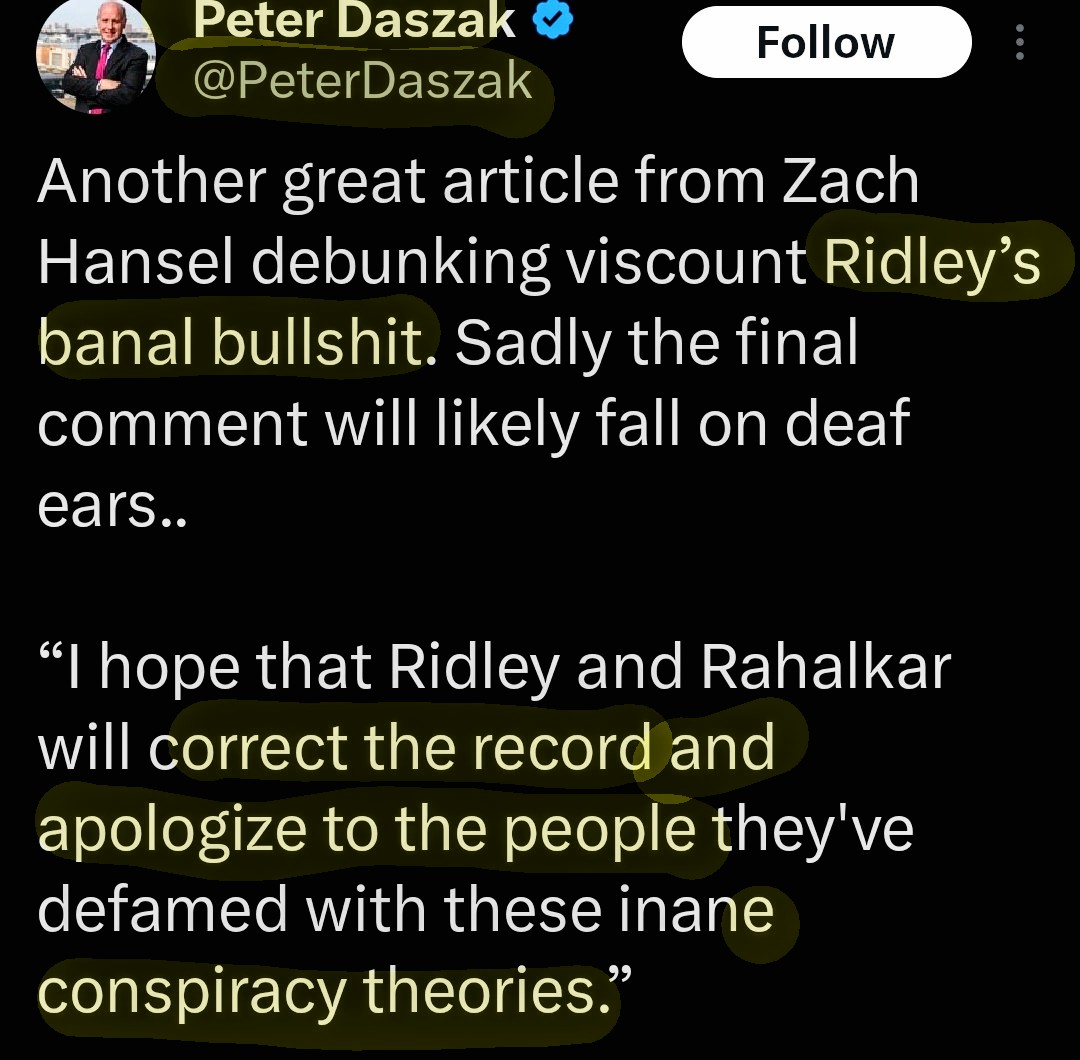 MJnanostretch's tweet photo. Peter "Conspiracy theory, Pure Baloney, COI committer, DEFUSE hider, WIV freezer feigner, Extremely unlikely, HHS debarred" Daszak requesting Lableakers "correct the record &amp;apologize to the people" has to be near the highest height of projection, self-delusion, hypocrisy &amp;irony! https://t.co/iLzkodvTHp