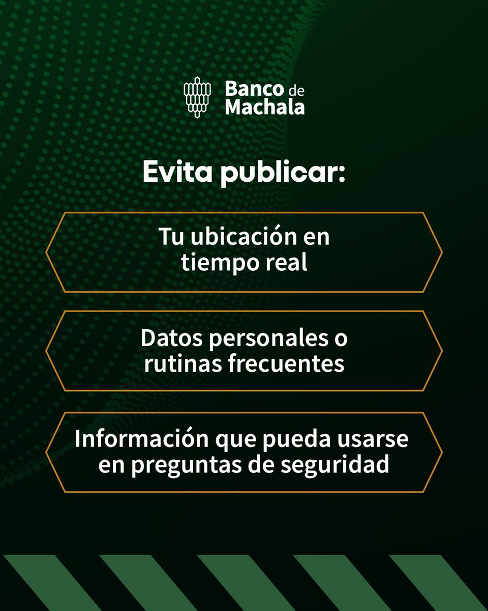 BcodeMachala's tweet photo. No todo tiene que compartirse.

Ubicaciones, rutinas o datos personales en redes sociales puede exponer más de lo que imaginas.👀 

#BMInstitucional #RespaldamosTuTranquilidad https://t.co/u7LInJQ1CR