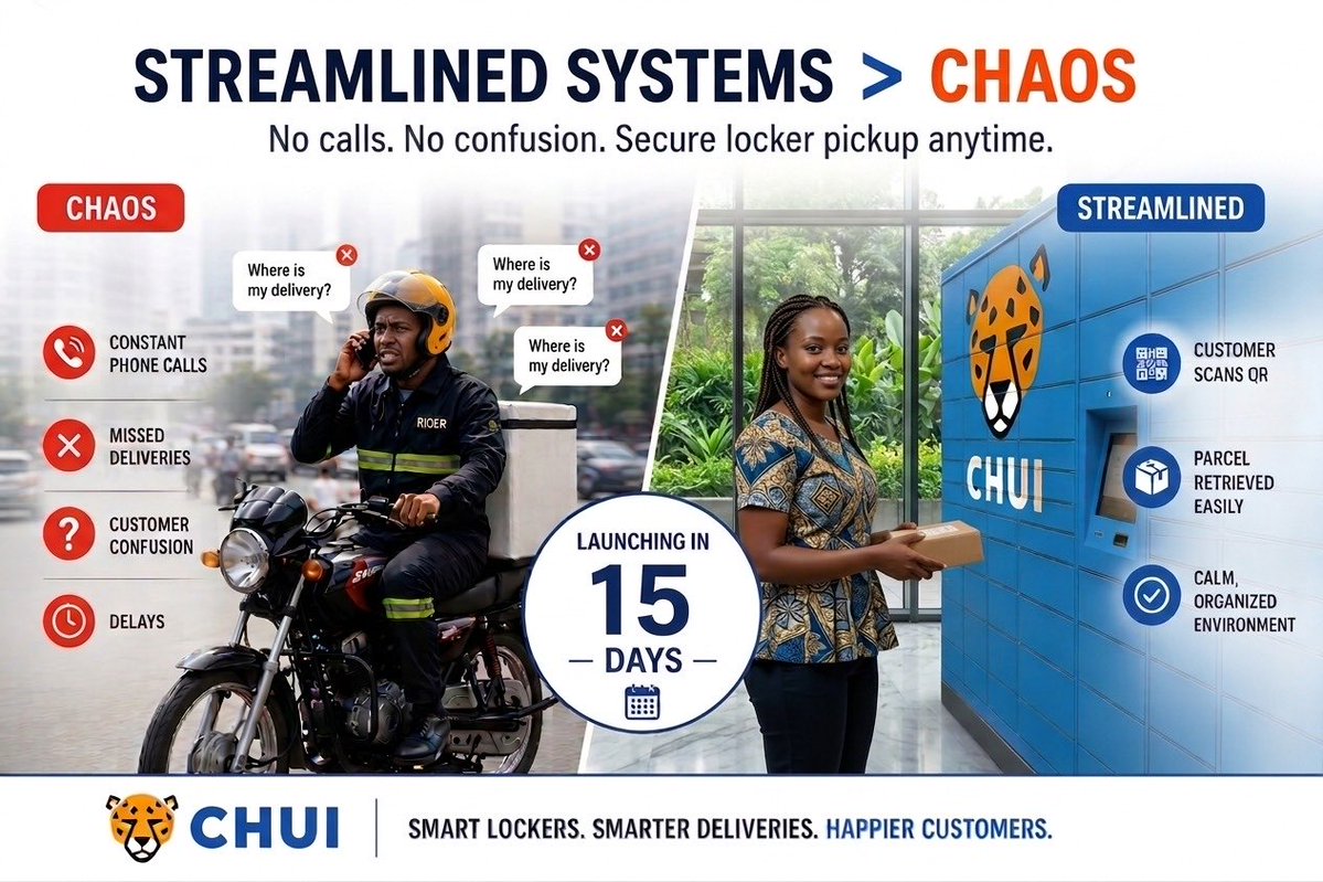chuiafrica's tweet photo. Tired of running around chasing your packages?
We were too.
So we built CHUI - secure, seamless smart lockers that let you pick up anytime, stress-free.
15 days until launch. The future of deliveries in Nairobi is almost here.
Link in bio.
#Delivery #SmartLockerdelivery #Nairobi https://t.co/bFCKQqprsd