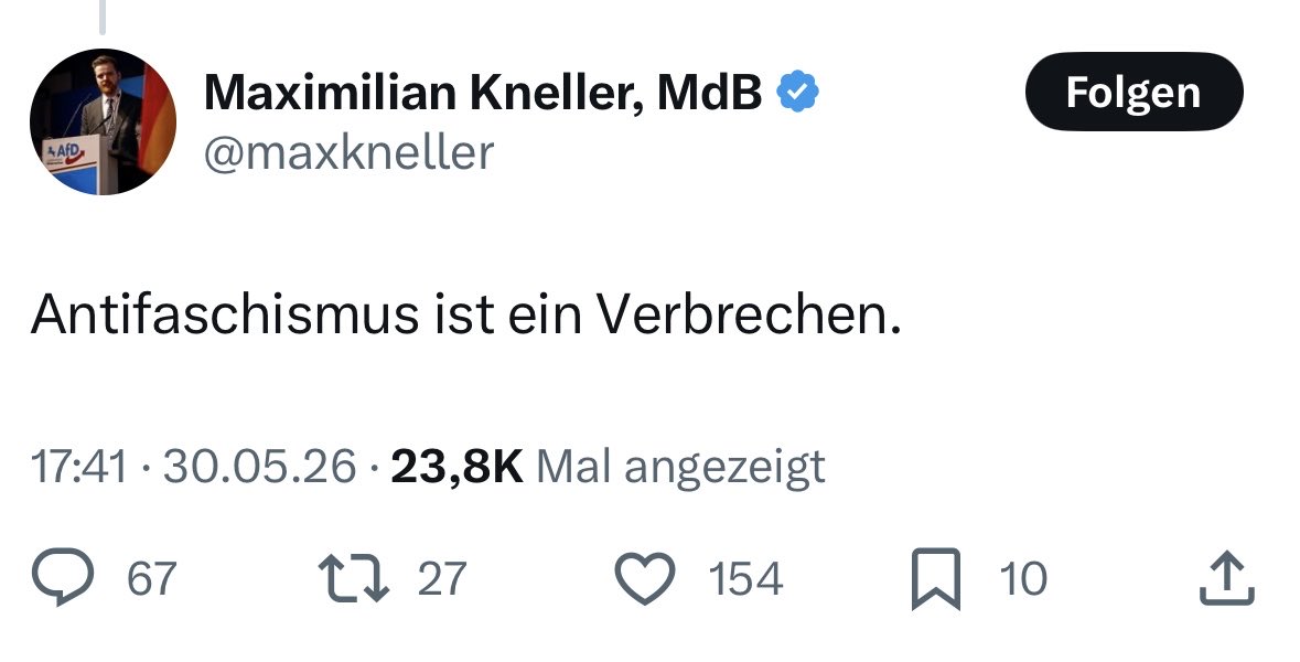JensChristianW1's tweet photo. …sagt dieser Bundestagsabgeordnete der #AfD und insinuiert damit, dass Faschismus etwas Gutes sei. 
Jeder demokratische Mensch wird hingegen sagen: #Faschismus ist ein #Verbrechen und Antifaschismus ein Gebot der Menschlichkeit und der Vernunft. https://t.co/FiEzapYntL
