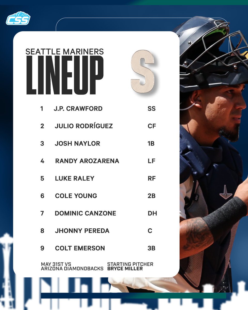 CirclingSports's tweet photo. Here is the @Mariners starting lineup for their Sunday series finale against the @Dbacks, as Seattle dons their Steelheads uniforms!

Mariners lineup the same except Jhonny Pereda will catch, and it's piggyback day for Seattle.

Photo by @bgrdq77 

#TridentsUp #SeattleMariners https://t.co/Iw6ogvFpVV