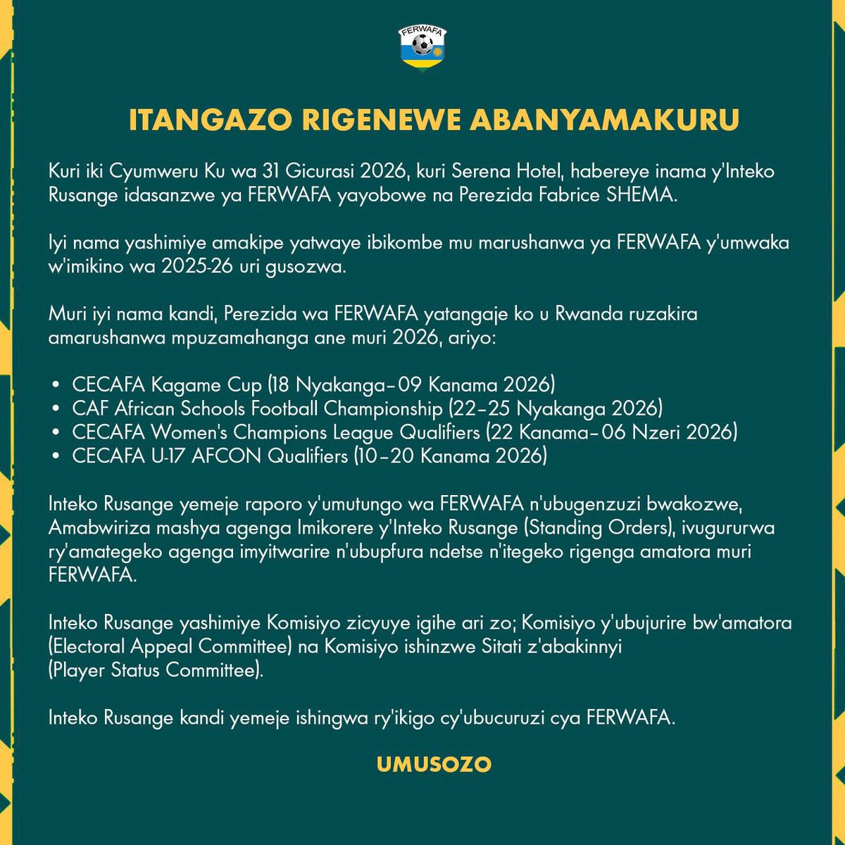 Itangazo Rishya Ku Rdf Rwanda Post by Rwanda FA on X: ITANGAZO