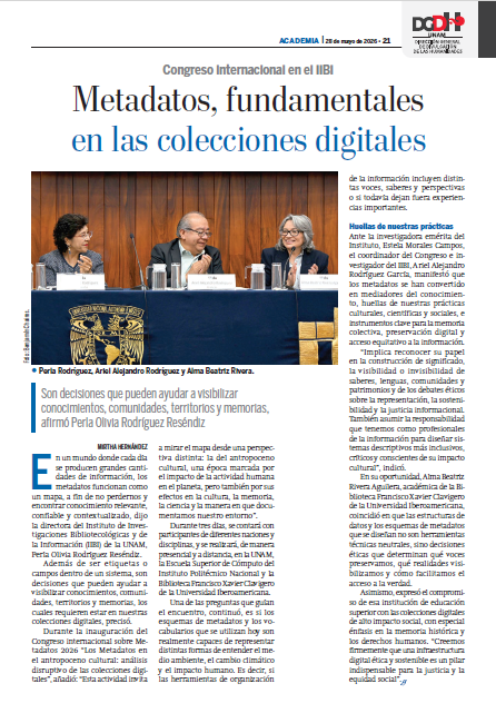 IIBI_UNAM_MX's tweet photo. 📚 Los metadatos son el mapa para no perdernos entre tanta información. 

La Dra. Perla Olivia Rodríguez, directora del IIBI destacó su papel para visibilizar conocimientos, comunidades, territorios y memorias 🔎🌎

Lee más en @Gaceta_UNAM 
https://t.co/7OVznv98Z1 https://t.co/zCHws1VDcI