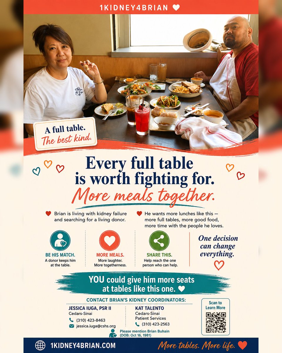 1kidney4brian's tweet photo. Every full table is worth fighting for. 🤍

Brian wants more meals like this — more laughter, more togetherness, more time with the people he loves.

📞 (310) 423-8463
📞 (310) 423-2563

🌐 https://t.co/K5GIRqnSG4

#1Kidney4Brian #DonateLife #KidneyDonor https://t.co/kE3cQWhOUc