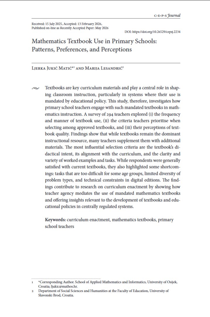 CepsJournal's tweet photo. Don't miss Mathematics Textbook Use in Primary Schools: Patterns, Preferences, and Perceptions by Matić and Lesandrić: https://t.co/SwQVHsoSkU #CurriculumEnactment #MathematicsTexbooks #PrimarySchoolTeachers https://t.co/HvP3VS0UiA