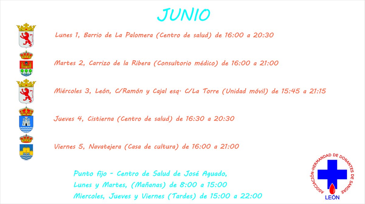 donantesdeleon's tweet photo. #DonaSangre en La Palomera, C/ Ramón y Cajal, Carrizo de la Ribera, Cistierna y Navatejera. Recuerda los horarios de donación en el punto fijo de José Aguado (Lunes y martes por la mañana. Miércoles, jueves y viernes por la tarde). #LeonEsp https://t.co/ysNcIlmlEL